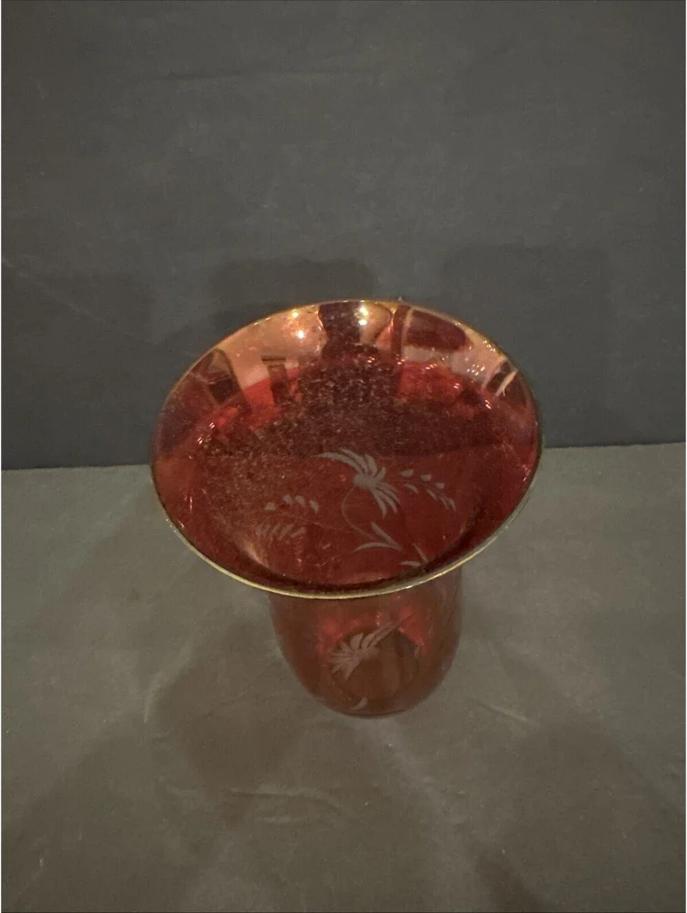 Cranberry Iridescent Etched Flower Hurricane Lamp Shade Candle Sconce 7 5/8” H